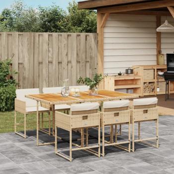 ARDEBO.de - 7-tlg. Garten-Essgruppe mit Kissen Beige Poly Rattan