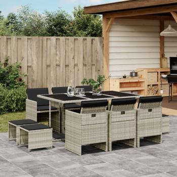 ARDEBO.de - 11-tlg. Garten-Essgruppe mit Kissen Hellgrau Poly Rattan