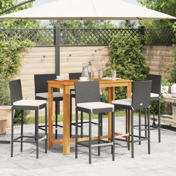 7-tlg. Gartenbar-Set Schwarz Massivholz Akazie und Poly Rattan