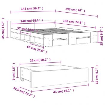 Bettgestell mit Schubladen Grau Sonoma 140x190 cm Holzwerkstoff