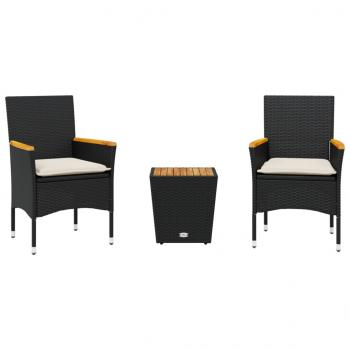 3-tlg. Bistro-Set mit Kissen Schwarz Poly Rattan und Glas