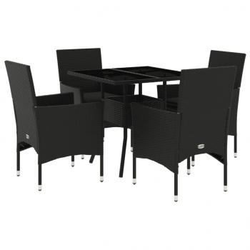 5-tlg. Garten-Essgruppe mit Kissen Schwarz Poly Rattan und Glas