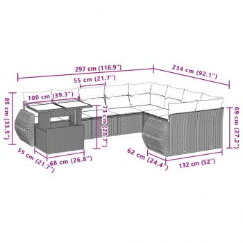 10-tlg. Garten-Sofagarnitur mit Kissen Schwarz Poly Rattan