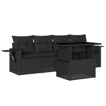 5-tlg. Garten-Sofagarnitur mit Kissen Schwarz Poly Rattan