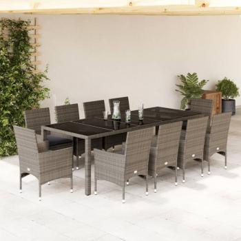 ARDEBO.de - 11-tlg. Garten-Essgruppe mit Kissen Grau Poly Rattan Glas