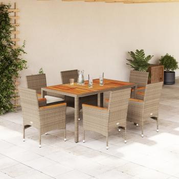 ARDEBO.de - 7-tlg. Garten-Essgruppe mit Kissen Beige Poly Rattan Akazie