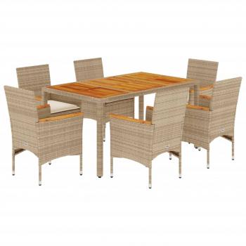 7-tlg. Garten-Essgruppe mit Kissen Beige Poly Rattan Akazie