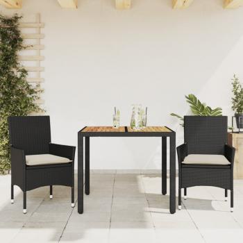 ARDEBO.de - 3-tlg. Garten-Essgruppe mit Kissen Schwarz Poly Rattan Akazie