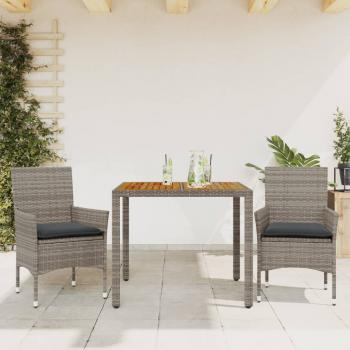 ARDEBO.de - 3-tlg. Garten-Essgruppe mit Kissen Grau Poly Rattan Akazie