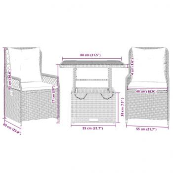 3-tlg. Garten-Essgruppe mit Kissen Schwarz Poly Rattan