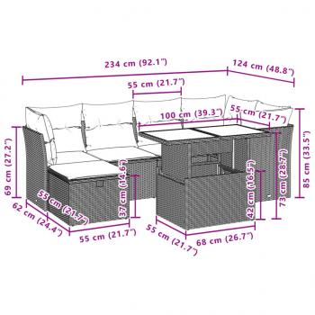 7-tlg. Garten-Sofagarnitur mit Kissen Schwarz Poly Rattan