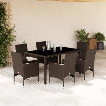 ARDEBO.de - 7-tlg. Garten-Essgruppe mit Kissen Braun Poly Rattan und Glas