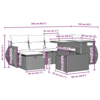 7-tlg. Garten-Sofagarnitur mit Kissen Grau Poly Rattan