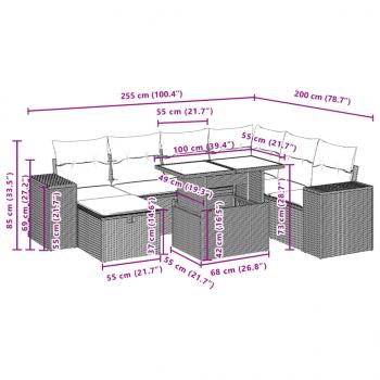 8-tlg. Garten-Sofagarnitur mit Kissen Grau Poly Rattan