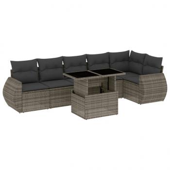 7-tlg. Garten-Sofagarnitur mit Kissen Grau Poly Rattan