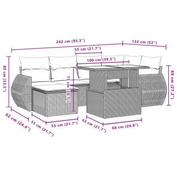 7-tlg. Garten-Sofagarnitur mit Kissen Grau Poly Rattan