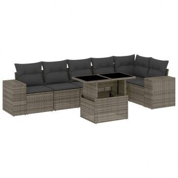 7-tlg. Garten-Sofagarnitur mit Kissen Grau Poly Rattan