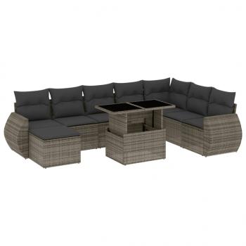 9-tlg. Garten-Sofagarnitur mit Kissen Grau Poly Rattan