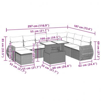 9-tlg. Garten-Sofagarnitur mit Kissen Grau Poly Rattan