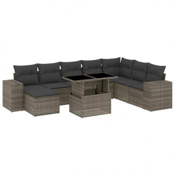 9-tlg. Garten-Sofagarnitur mit Kissen Grau Poly Rattan