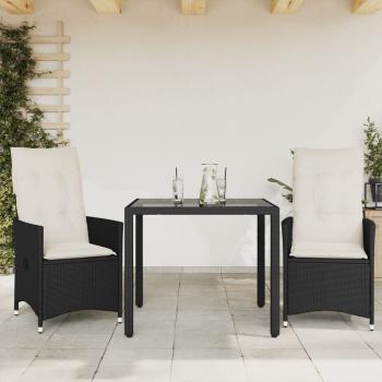 ARDEBO.de - 3-tlg. Bistro-Set mit Kissen Schwarz Poly Rattan