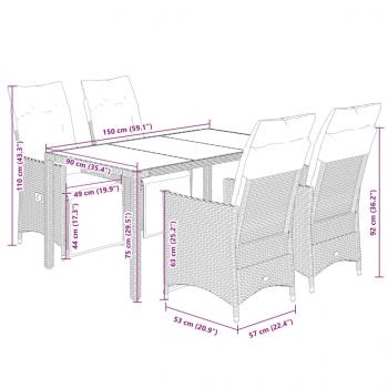 5-tlg. Garten-Essgruppe mit Kissen Schwarz Poly Rattan