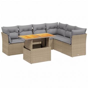 7-tlg. Garten-Sofagarnitur mit Kissen Beige Poly Rattan