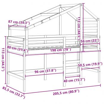 Hochbett mit Leiter und Dach Weiß 80x200 cm Massivholz Kiefer