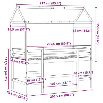 Hochbett mit Leiter und Dach 90x200 cm Massivholz Kiefer