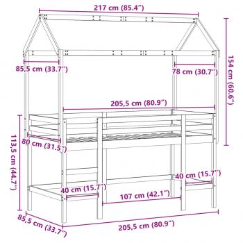 Hochbett mit Leiter und Dach 80x200 cm Massivholz Kiefer