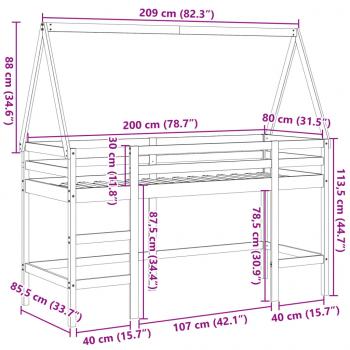 Hochbett mit Leiter und Dach 80x200 cm Massivholz Kiefer