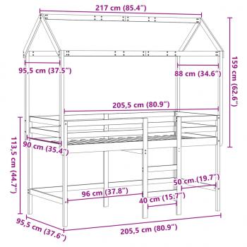 Hochbett mit Leiter und Dach 90x200 cm Massivholz Kiefer