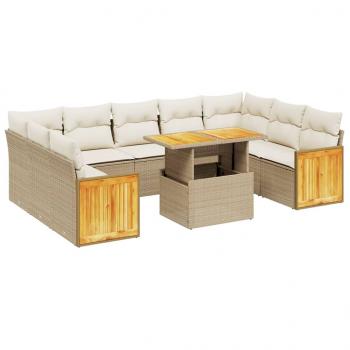 10-tlg. Garten-Sofagarnitur mit Kissen Beige Poly Rattan