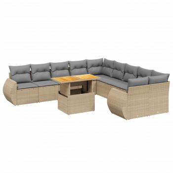 11-tlg. Garten-Sofagarnitur mit Kissen Beige Poly Rattan