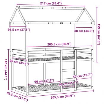 Etagenbett mit Dach Wachsbraun 90x200 cm Massivholz Kiefer