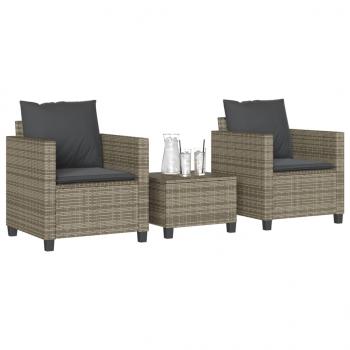 ARDEBO.de - 3-tlg. Bistro-Set mit Kissen Grau Poly Rattan