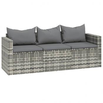 3-tlg. Garten-Lounge-Set mit Kissen Grau Poly Rattan