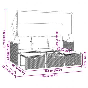 Outdoor-Sofa 3-Sitzer mit Dach und Hockern Schwarz Poly-Rattan