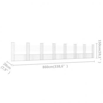 Gabionenkorb U-Form mit 8 Säulen Eisen 860x20x150 cm