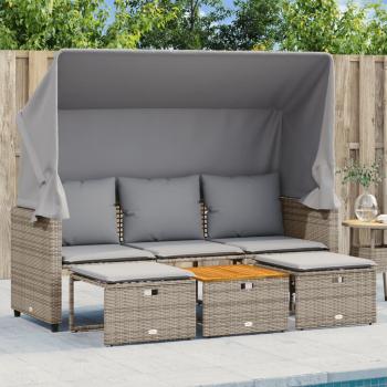 ARDEBO.de - Outdoor-Sofa 3-Sitzer mit Dach und Hockern Grau Poly Rattan