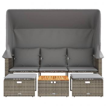 Outdoor-Sofa 3-Sitzer mit Dach und Hockern Grau Poly Rattan