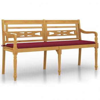 Batavia-Bank mit Weinrotem Kissen 150 cm Massivholz Teak