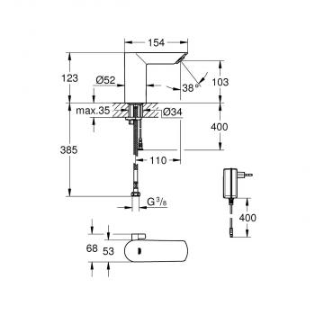 GROHE Bau Cosmopolitan E Infrarot-Elektronik für Waschtisch 1/2", mit Mischung und Temperaturbegrenzer, EcoJoy, chrom (36453000)