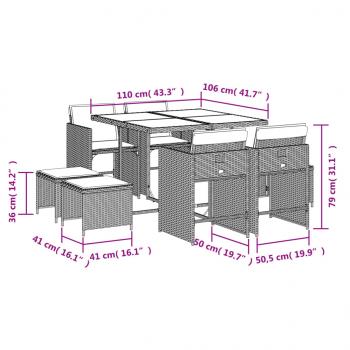 9-tlg. Garten-Essgruppe mit Kissen Braun Poly Rattan