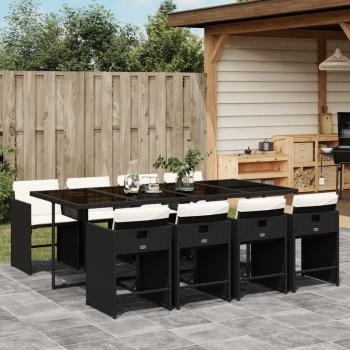 ARDEBO.de - 9-tlg. Garten-Essgruppe mit Kissen Schwarz Poly Rattan