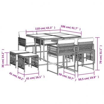 9-tlg. Garten-Essgruppe mit Kissen Grau Poly Rattan