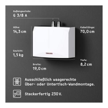 STIEBEL ELTRON DEM 3 Mini-Durchlauferhitzer fürs Handwaschbecken, elektronisch, EEK: A, 3,5 kW, steckerfertig 230v, druckfest und drucklos (231001)