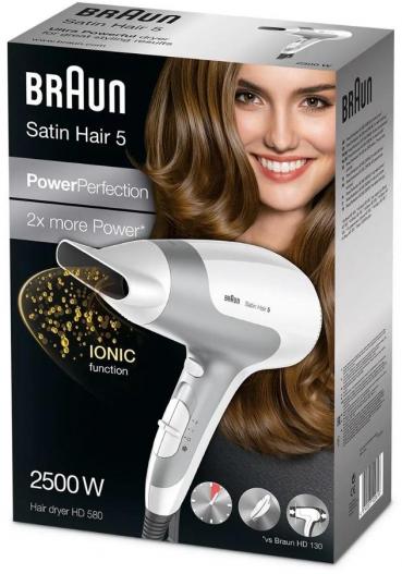 Braun Satin Hair 5 PowerPerfection HD 580 Haartrockner, 2500 W, Ionen-Funktion, Styling-Düse, weiß/silber