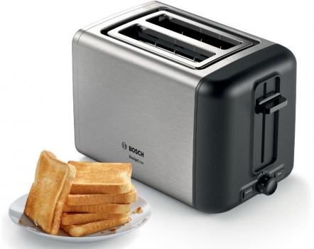 Bosch TAT3P420DE Kompakt Toaster, 2 Scheiben, 970W, DesignLine, Auftau- und Aufwärmfunktion, Gleichmäßiges Röstbild, Edelstahl