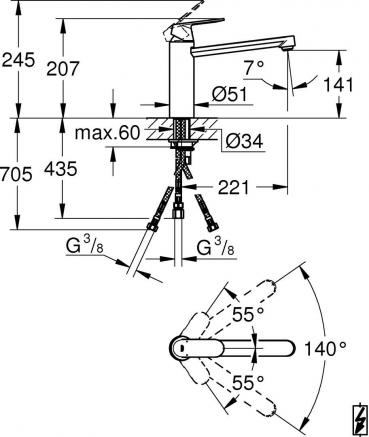 GROHE EH-SPT-Batterie Eurosmart C 30194 Einhebelmischer, Niederdruck, mittelhoher Auslauf, chrom (30194000)